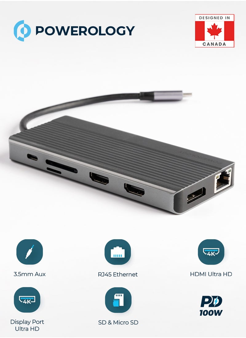 Powerology 13in1 USB-C Hub 4K HDMI Type-C 100W PD Ethernet USB SD MicroSD 3.5AUX - Dark Gray  - Image 2