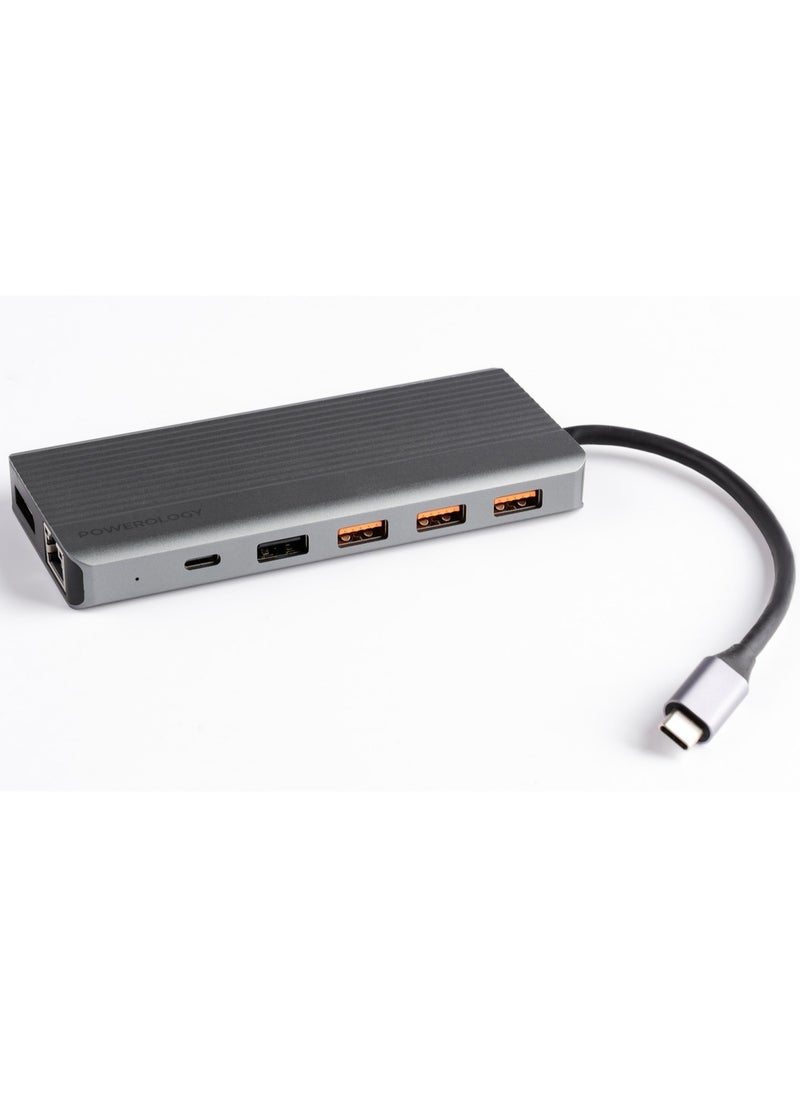 Powerology - 13in1 USB-C Hub 4K HDMI Type-C 100W PD Ethernet USB SD MicroSD 3.5AUX - Dark Gray - Image 1