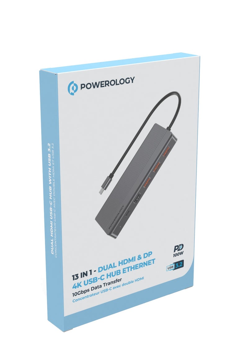 Powerology - 13in1 USB-C Hub 4K HDMI Type-C 100W PD Ethernet USB SD MicroSD 3.5AUX - Dark Gray - Image 1