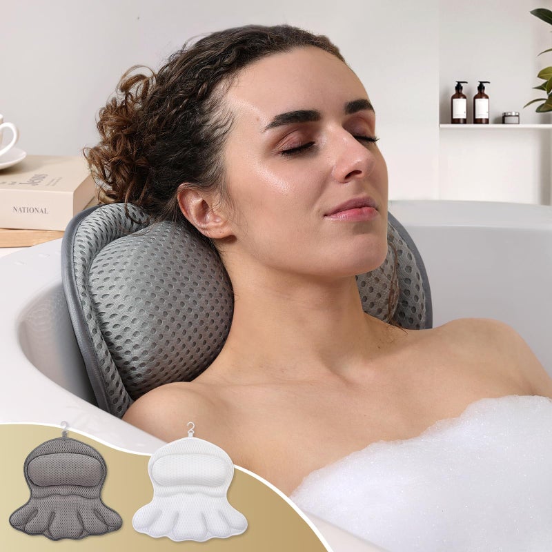 Binobella Bath Pillow Luxury Bathtub Pillow, Extra Soft & Comfortable Bath Pillow for Tub Head Neck and Back Support, with 4D Air Mesh Cushions & Non-Slip Suction Cups - Great Bath Gifts (Gray) - Image 1