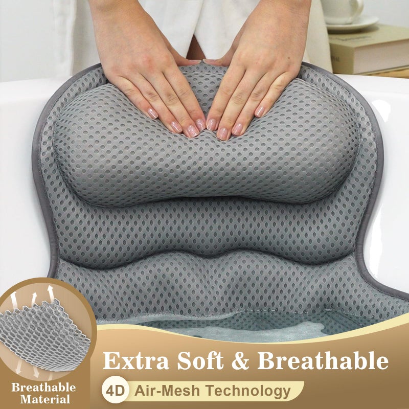 Binobella Bath Pillow Luxury Bathtub Pillow, Extra Soft & Comfortable Bath Pillow for Tub Head Neck and Back Support, with 4D Air Mesh Cushions & Non-Slip Suction Cups - Great Bath Gifts (Gray) - Image 5