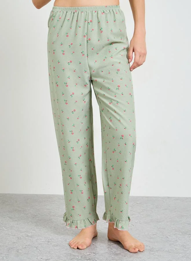 Take Two  Floral Print Short Sleeve Pajama Set with Ruffles for Women | Best Price UAE