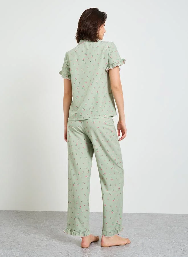 Take Two  Floral Print Short Sleeve Pajama Set with Ruffles for Women | Best Price UAE