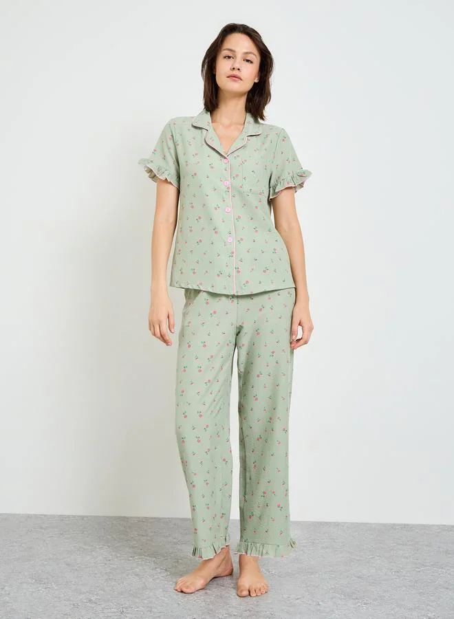 Floral Print Short Sleeve Pajama Set with Ruffles