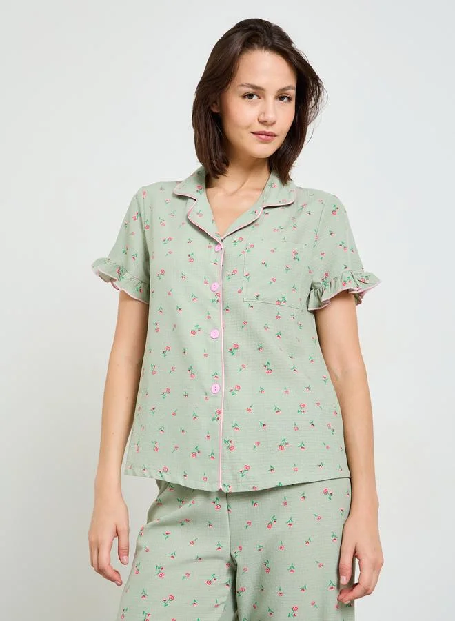 Take Two  Floral Print Short Sleeve Pajama Set with Ruffles for Women | Best Price UAE