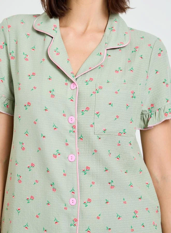 Take Two  Floral Print Short Sleeve Pajama Set with Ruffles for Women | Best Price UAE