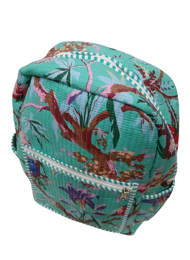 Doraya Cotton Quilted Unisex Backpack Hand Block Floral Printed Design Stylish Eco-Friendly Bag for School, Travel, and Everyday Adventures (Sea Green 2) - Image 4