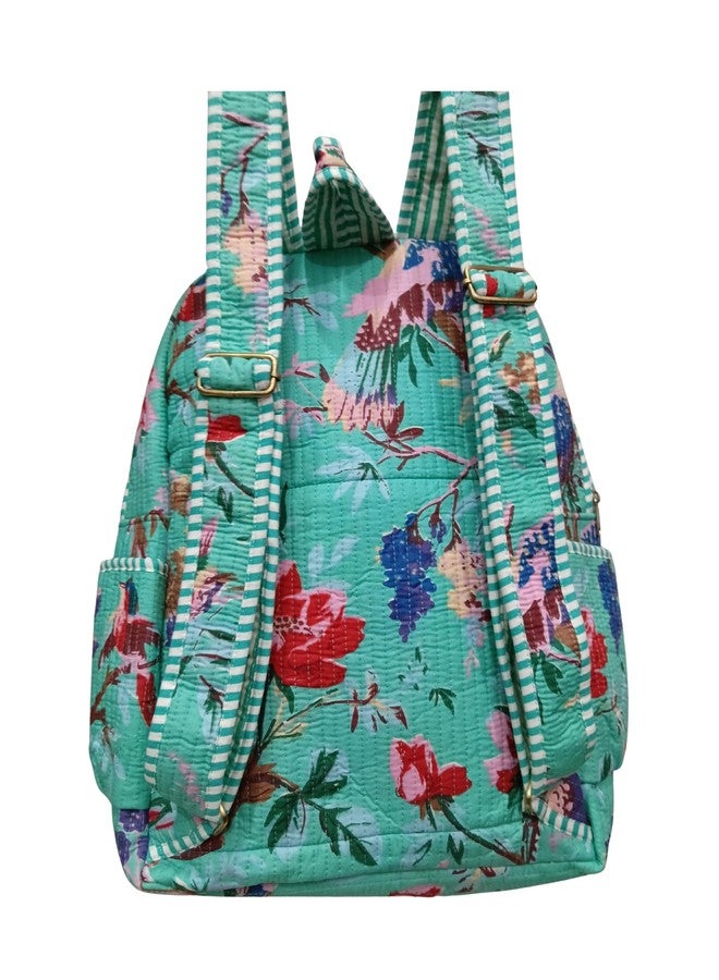 Doraya Cotton Quilted Unisex Backpack Hand Block Floral Printed Design Stylish Eco-Friendly Bag for School, Travel, and Everyday Adventures (Sea Green 2) - Image 2
