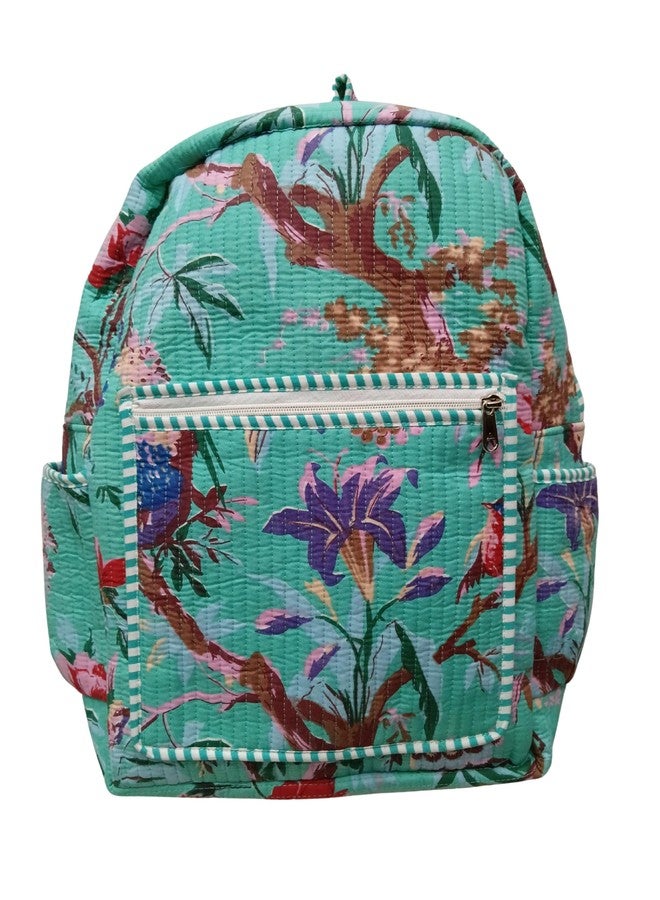Doraya Cotton Quilted Unisex Backpack Hand Block Floral Printed Design Stylish Eco-Friendly Bag for School, Travel, and Everyday Adventures (Sea Green 2) - Image 1