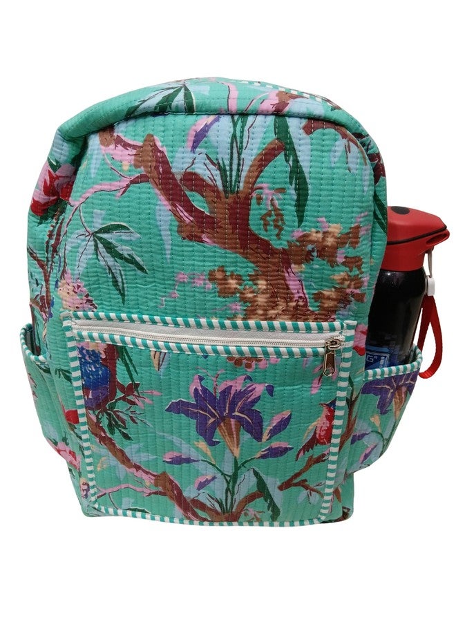 Doraya Cotton Quilted Unisex Backpack Hand Block Floral Printed Design Stylish Eco-Friendly Bag for School, Travel, and Everyday Adventures (Sea Green 2) - Image 3