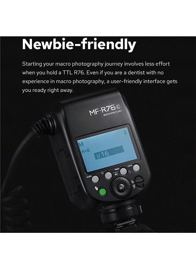 GODOX MF-R76 ماكرو LED حلقة فلاش Speedlite 76Ws 660 ومضات كاملة الطاقة أنابيب فلاش مزدوجة تعديل الطاقة 1/128 إلى 1/1 10 مستويات من نسبة الطاقة