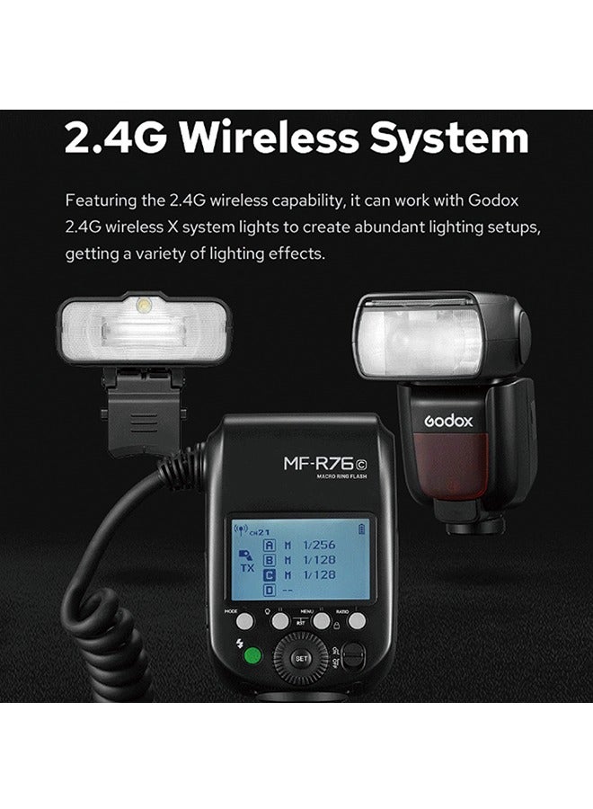 GODOX MF-R76 ماكرو LED حلقة فلاش Speedlite 76Ws 660 ومضات كاملة الطاقة أنابيب فلاش مزدوجة تعديل الطاقة 1/128 إلى 1/1 10 مستويات من نسبة الطاقة