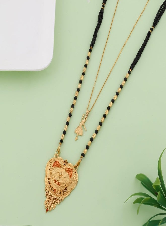 MALKYN Women's Gold Plated Peacock Motif Mangalsutra with Enamel Work and Ballerina Pendant Layered Necklace Set, Traditional Black Beaded Indian Wedding Jewelry-MD-126 - Image 2