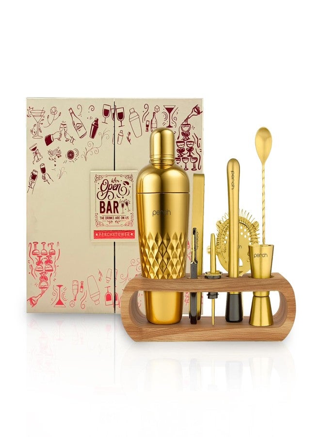 perch O' Holic by Perch Cocktail Shaker Gift Set | 10-Piece Stainless Steel Bartender Kit with Acacia Wooden Stand|Accessories for Home Bar|Gift Box for Winters,Birthday,Wedding,Anniversary,Christmas|Golden - Image 1