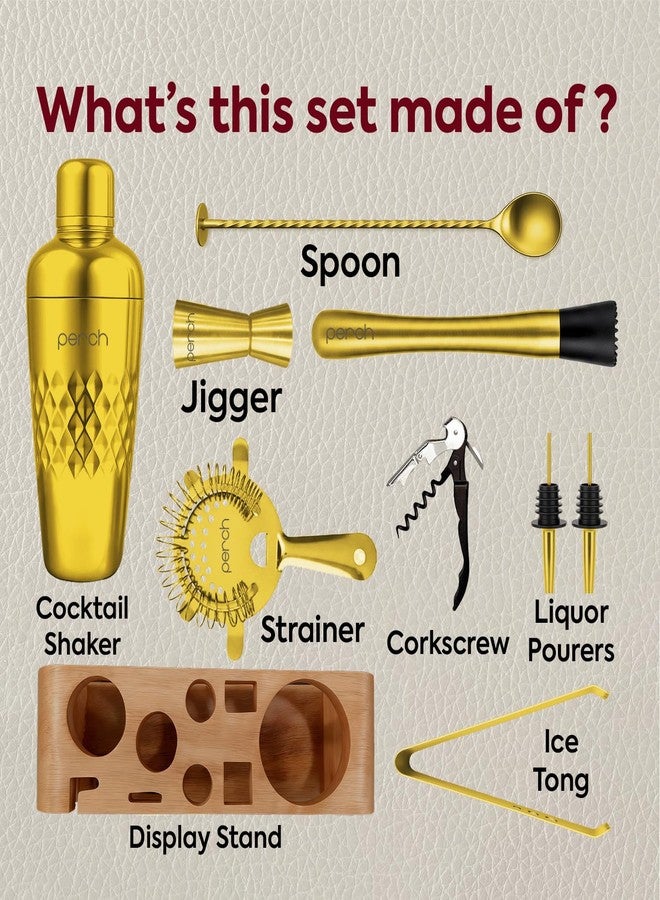perch O' Holic by Perch Cocktail Shaker Gift Set | 10-Piece Stainless Steel Bartender Kit with Acacia Wooden Stand|Accessories for Home Bar|Gift Box for Winters,Birthday,Wedding,Anniversary,Christmas|Golden - Image 2