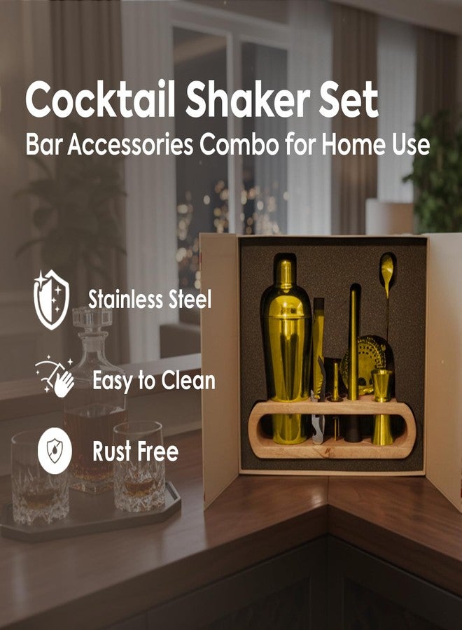 perch O' Holic by Perch Cocktail Shaker Gift Set | 10-Piece Stainless Steel Bartender Kit with Acacia Wooden Stand|Accessories for Home Bar|Gift Box for Winters,Birthday,Wedding,Anniversary,Christmas|Golden - Image 3