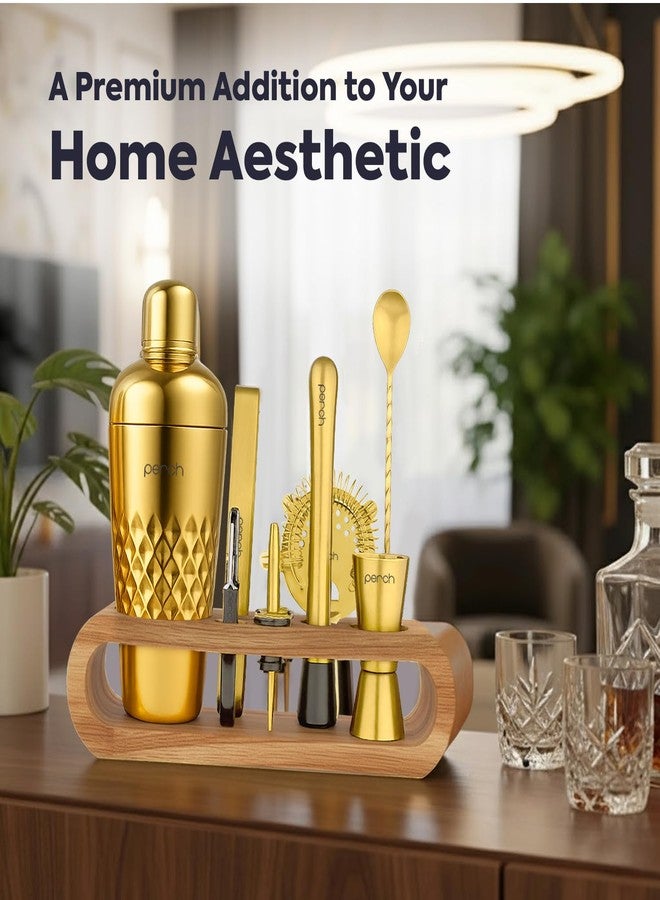 perch O' Holic by Perch Cocktail Shaker Gift Set | 10-Piece Stainless Steel Bartender Kit with Acacia Wooden Stand|Accessories for Home Bar|Gift Box for Winters,Birthday,Wedding,Anniversary,Christmas|Golden - Image 4