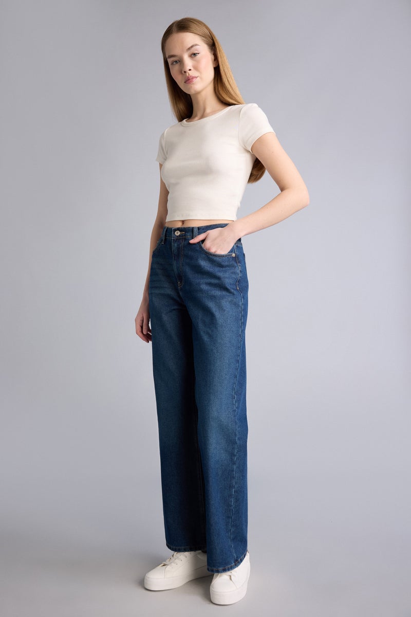 DeFacto Blue Woman Wide Leg High Waist Long Jeans Casual - Image 1