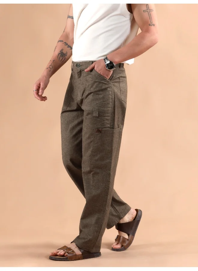Beyoung Brown Striped Patch Pocket Cargo Trousers