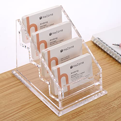 HeZone Business Card Holder for Desk Clear Acrylic Business Cards Stand Organizer Business Card holder 4 Slots 4 Tier Tilt Angle Business Card Display Rack-1 Pack - Image 1