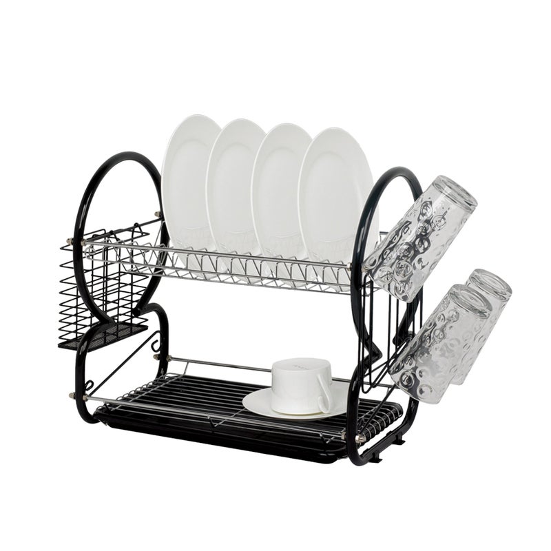 SQ Professional 2 Tier Dish Drainer Rack with Drip Tray Metallic Black