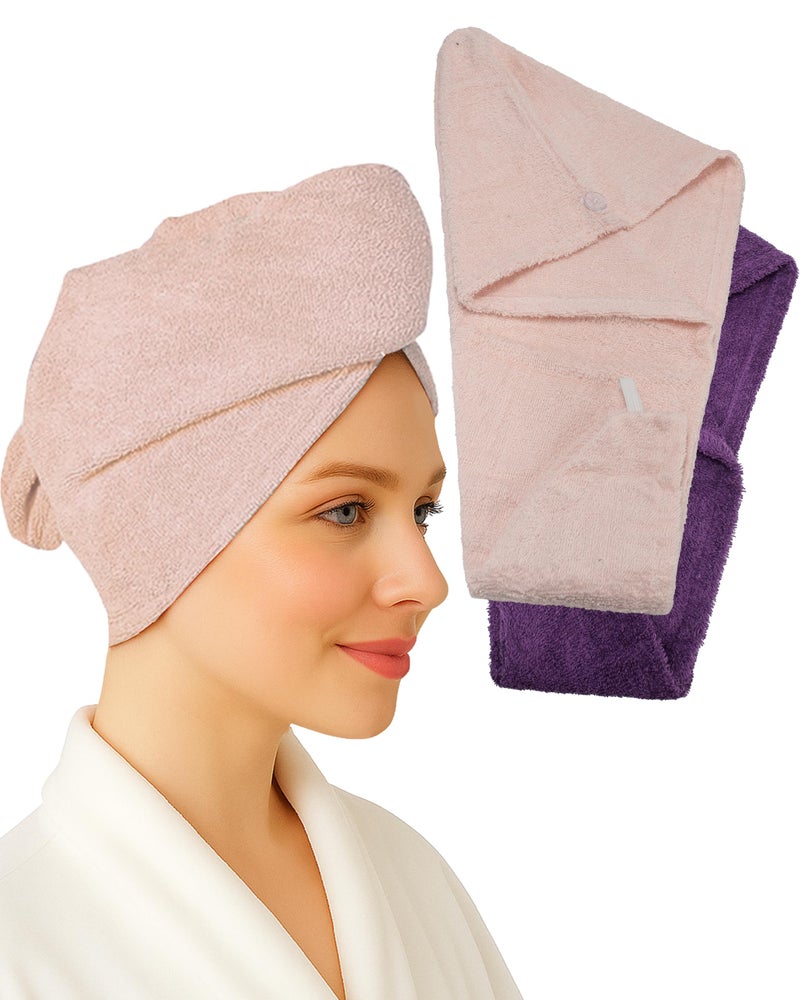 Textila Stores Textila 100% Cotton Hair Wrap Towels for Women (Pack of 2, Plum & Pink) â€“ Soft & Absorbent Turban Towels for Long, Curly, Frizz-Prone Hair - Image 1