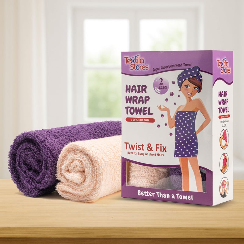 Textila Stores Textila 100% Cotton Hair Wrap Towels for Women (Pack of 2, Plum & Pink) â€“ Soft & Absorbent Turban Towels for Long, Curly, Frizz-Prone Hair - Image 2