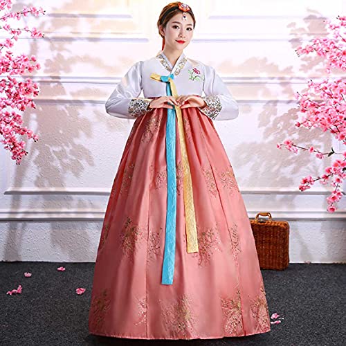 QYUU Women's Embroidered Hanbok Dress Korean Traditional Costume Short Jacket Full Skirt Cosplay Performance Wear (68# White+Coral Pink, L) - Image 3