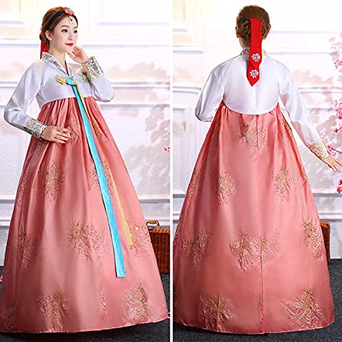 QYUU Women's Embroidered Hanbok Dress Korean Traditional Costume Short Jacket Full Skirt Cosplay Performance Wear (68# White+Coral Pink, L) - Image 4