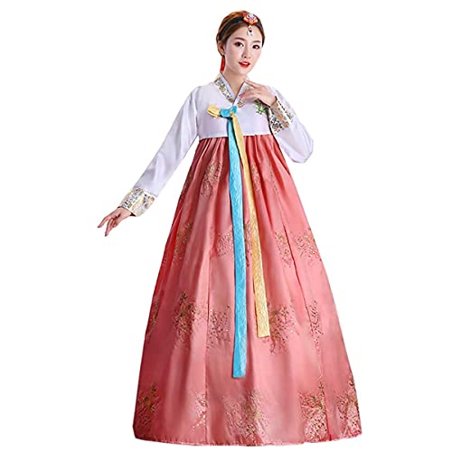QYUU Women's Embroidered Hanbok Dress Korean Traditional Costume Short Jacket Full Skirt Cosplay Performance Wear (68# White+Coral Pink, L) - Image 2