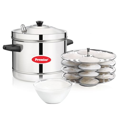 Premier Stainless Steel Idly Cooker 4 Plates | 16 Idlis Per Batch | Gas & Induction Compatible | Outer Lid | Straight Wall | Soft Idli Maker for Home