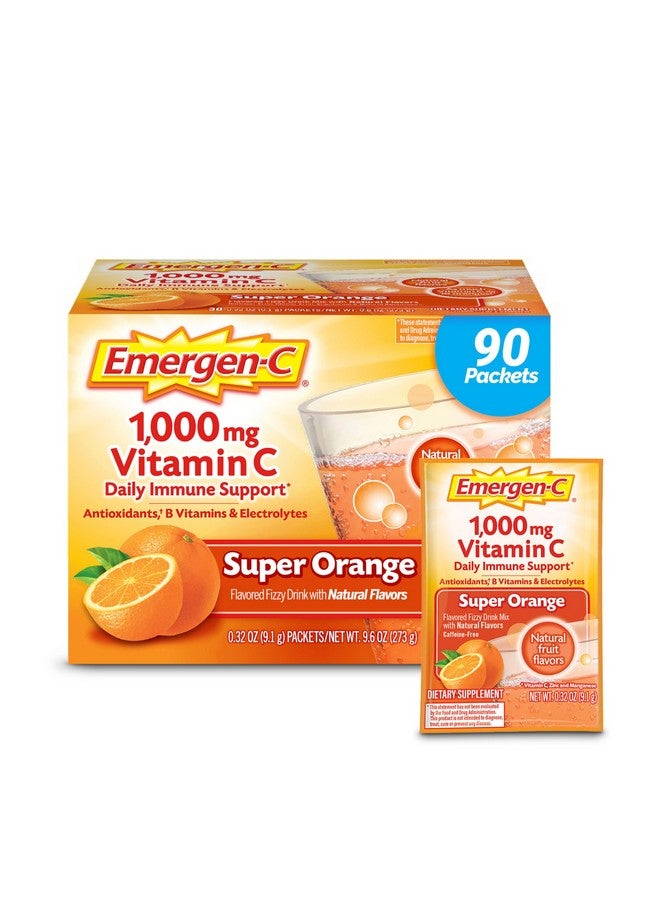 Emergen-C Emergen-C 1000mg Vitamin C Powder for Daily Immune Support Caffeine Free Vitamin C Supplements with Zinc and Manganese, B Vitamins and Electrolytes, Super Orange Flavor - 90 Count/3 Month Supply