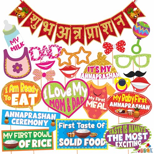 WOBBOX Annaprashan Photo Booth Party Props with Bunting Banner Hindi Shubh Red & Golden Color Font, Decoration Item - Image 1