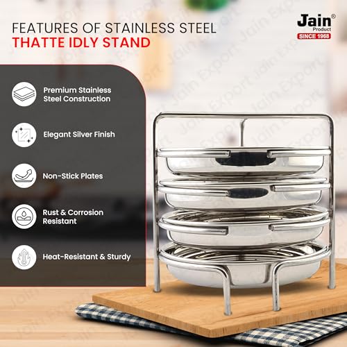 Jain Stainless Steel Thatte Idly Stand - 2 Plates | Thatte Idli Plate with Stand | Thattu/Plate/Dhokla Stand | Idly/Dhokla Holders | Silver Color & Small Size With 2 Plates | Pack of 1 (Stand Height 10 cm: Stand Width 15cm) - Image 5