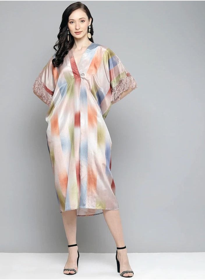 SASSAFRAS - WOMEN MULTICOLOUR STRIPED FRINGE LACE KAFTAN - Image 1