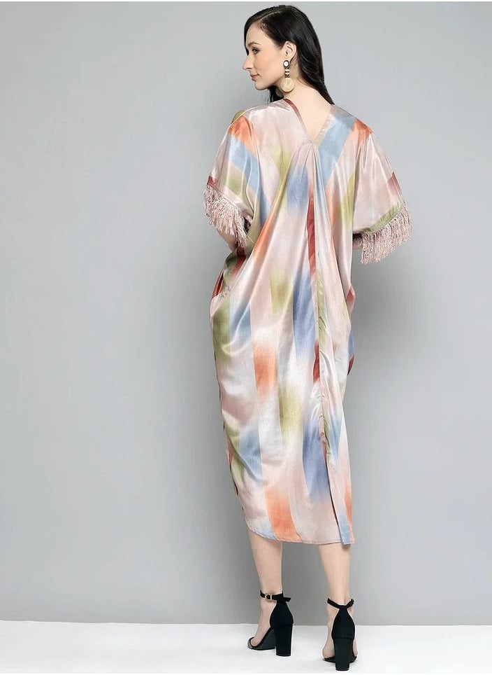 SASSAFRAS - WOMEN MULTICOLOUR STRIPED FRINGE LACE KAFTAN - Image 1