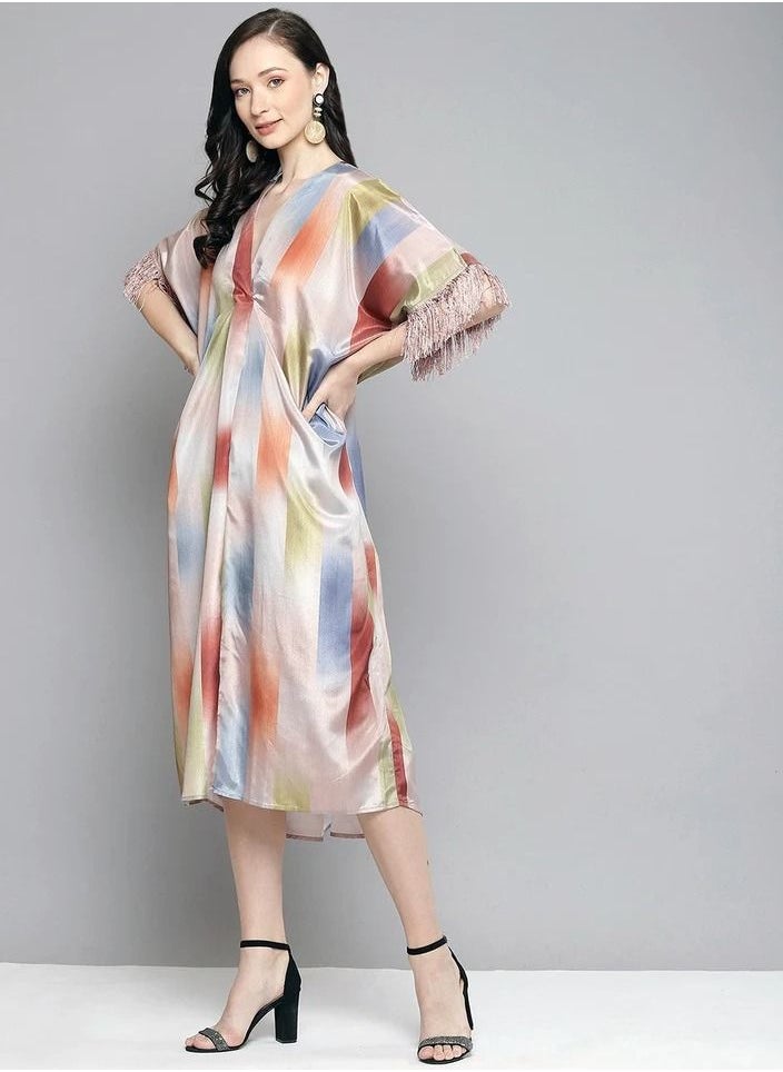 SASSAFRAS - WOMEN MULTICOLOUR STRIPED FRINGE LACE KAFTAN - Image 1
