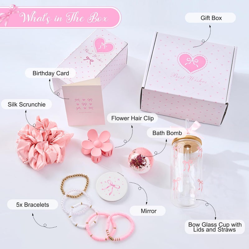 LANGASQUE Birthday Gifts for Women Teen Girls, Happy Birthday Gift Baskets for Women, Coquette Pink Bow Glass Cup Gift Box Set, Chrismas Gifts for Daughter Sister Wife Girlfriend Mom - Image 2