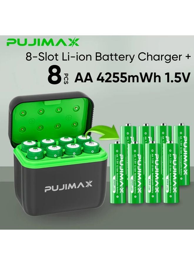PUJIMAX 8 Slots Battery Charger With 8pcs AA 4255mWh Lithium Batteries - Image 1