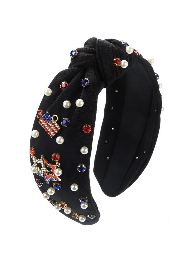 TailaiMei 4Th Of July Rhinestone Knotted Headband For Women Usa Flag Star Jeweled Crystal Embellished Ladies Twist Wide Hair Band Accessories Holiday Makeup Hair Hoop Gifts (Black) - Image 1