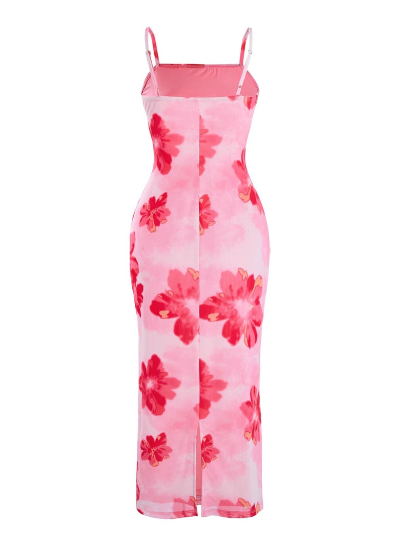 Verdusa Women's Spring Dresses Hawaiian Tropical Floral Slimming Dress Sun Midi Sundresses Split Vacation Outfits Pink Medium - Image 2