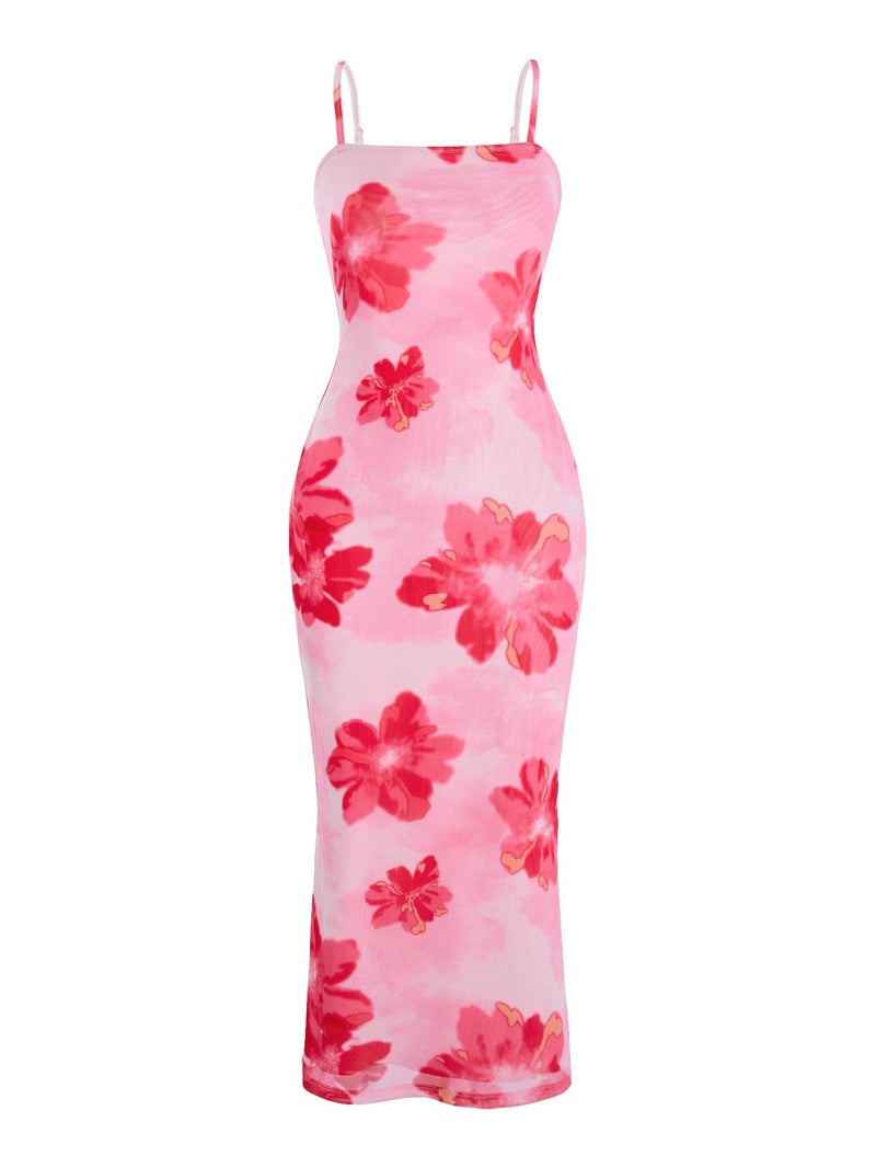 Verdusa Women's Spring Dresses Hawaiian Tropical Floral Slimming Dress Sun Midi Sundresses Split Vacation Outfits Pink Medium - Image 1