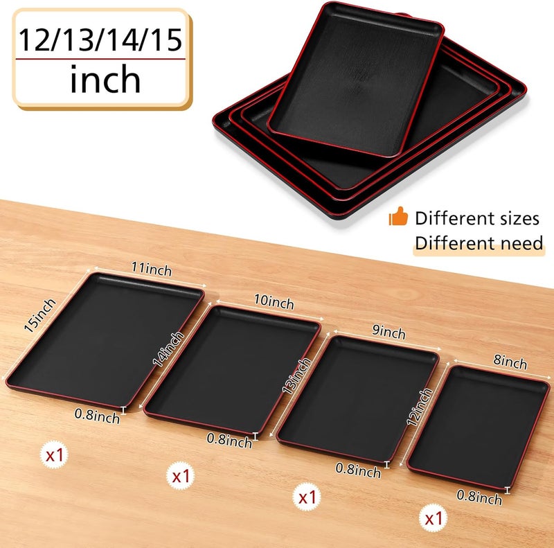 Rtteri Set of 4 Large Serving Platter Set 15141312 Inch Plastic Serving Trays Unbreakable Rectangular Platter 4 Size Reusable Wood Grain Tray for Party Wedding Hotel Restaurant HomeBlack and Red - Image 2