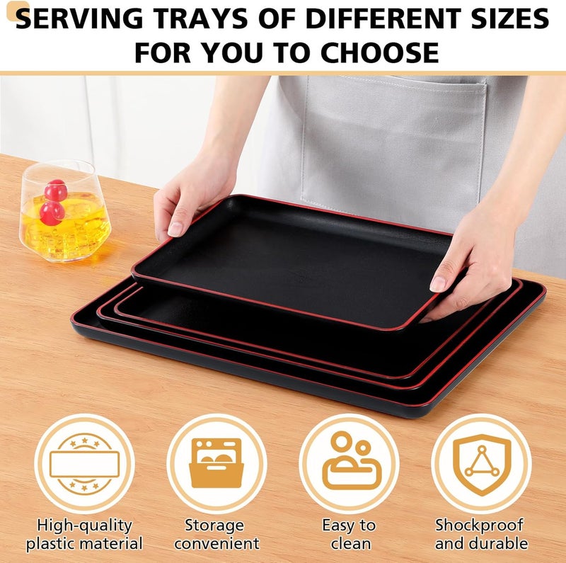 Rtteri Set of 4 Large Serving Platter Set 15141312 Inch Plastic Serving Trays Unbreakable Rectangular Platter 4 Size Reusable Wood Grain Tray for Party Wedding Hotel Restaurant HomeBlack and Red - Image 3