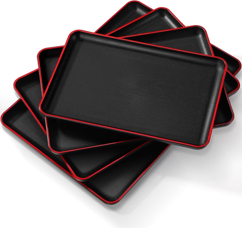 Rtteri Set of 4 Large Serving Platter Set 15141312 Inch Plastic Serving Trays Unbreakable Rectangular Platter 4 Size Reusable Wood Grain Tray for Party Wedding Hotel Restaurant HomeBlack and Red - Image 1
