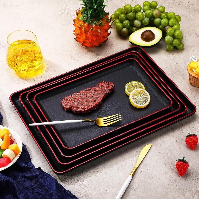 Rtteri Set of 4 Large Serving Platter Set 15141312 Inch Plastic Serving Trays Unbreakable Rectangular Platter 4 Size Reusable Wood Grain Tray for Party Wedding Hotel Restaurant HomeBlack and Red - Image 5