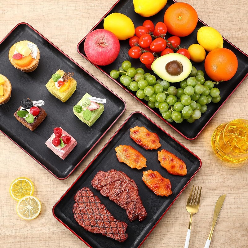 Rtteri Set of 4 Large Serving Platter Set 15141312 Inch Plastic Serving Trays Unbreakable Rectangular Platter 4 Size Reusable Wood Grain Tray for Party Wedding Hotel Restaurant HomeBlack and Red - Image 4