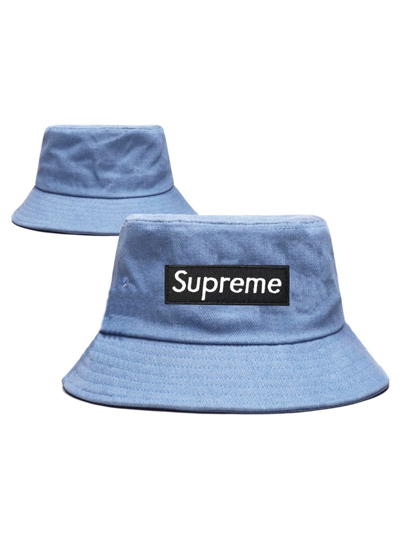 Supreme Black Box White Embroidered Versatile Casual Light Blue Bucket Hat