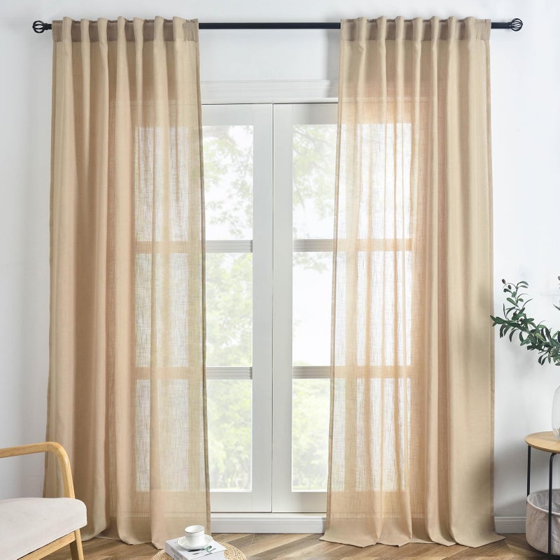 FINECITY Taupe Curtains 90 Inches Long for Living Room  Country Rusitc Privacy Semi Sheer Linen Curtain 2 Panels  Farmhouse Light Filtering Burlap Look Linen Boho Drapes  52 x 90 Inch  Taupe/Tan - Image 1