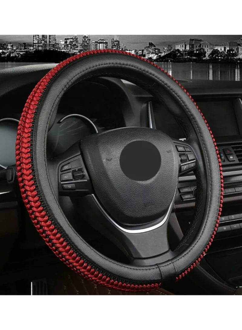 Premium Braided Steering Wheel Cover - Universal Anti-Slip & Breathable Microfiber - Red/Black - Fits Most Cars & SUVs